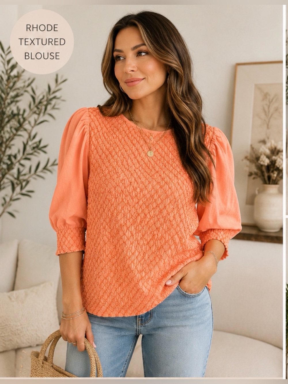 RHODE Smocked Puff Sleeve Blouse Coral Peach Textured Top Women’s